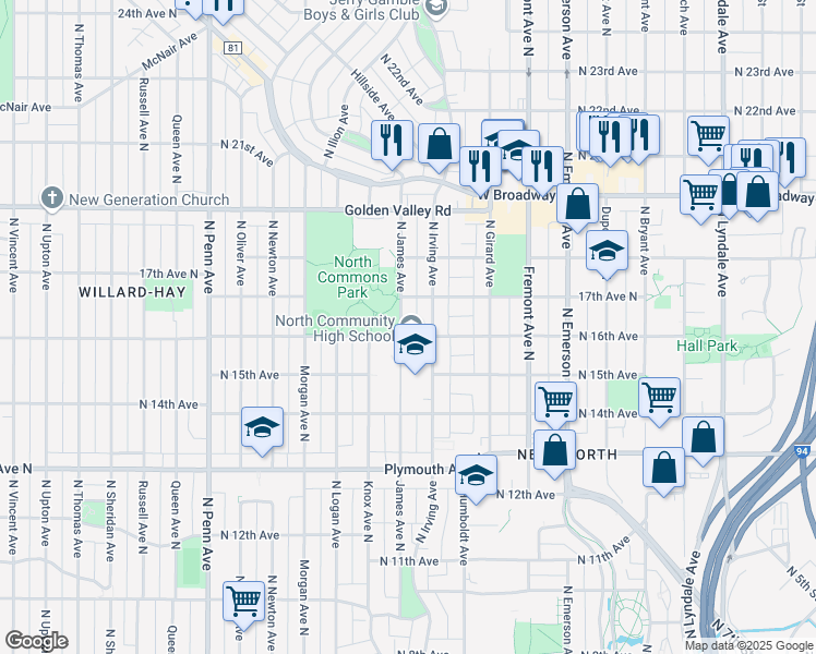 map of restaurants, bars, coffee shops, grocery stores, and more near 1600 North 16th Avenue in Minneapolis