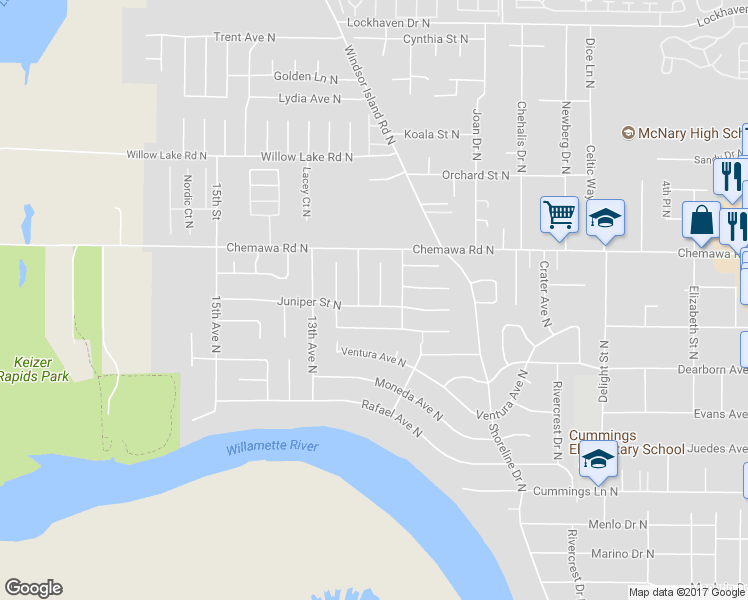 map of restaurants, bars, coffee shops, grocery stores, and more near 1129 Juniper Street North in Keizer