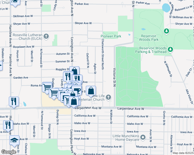 map of restaurants, bars, coffee shops, grocery stores, and more near 1800 Aglen Street in Roseville