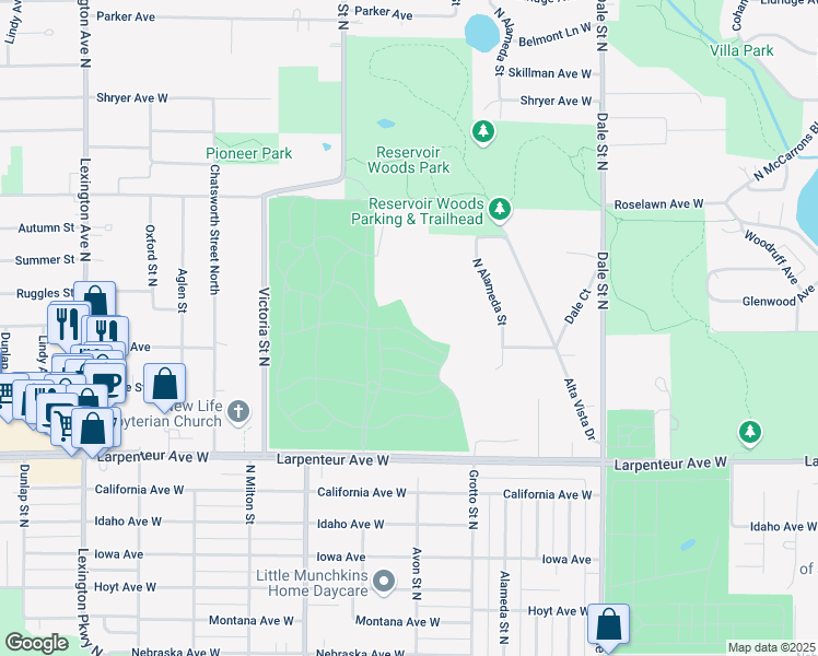 map of restaurants, bars, coffee shops, grocery stores, and more near 803 Larpenteur Avenue West in Roseville