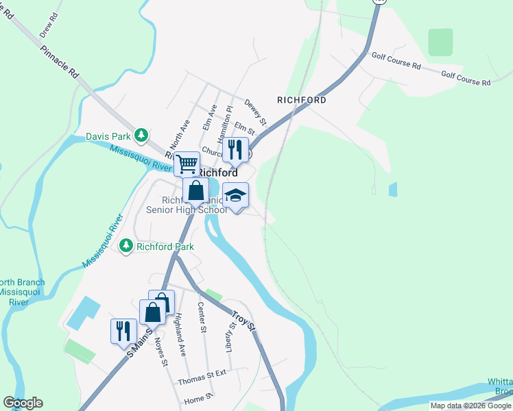 map of restaurants, bars, coffee shops, grocery stores, and more near 65 Eastern Avenue in Richford