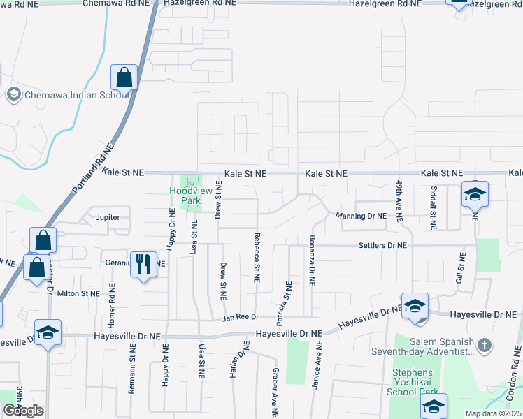 map of restaurants, bars, coffee shops, grocery stores, and more near 4906 Rebecca Street Northeast in Salem