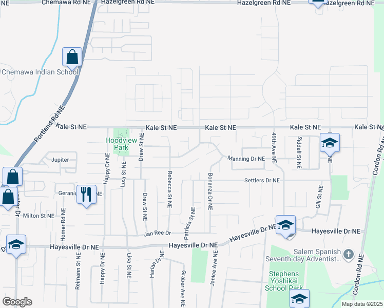 map of restaurants, bars, coffee shops, grocery stores, and more near 4956 Countryside Drive Northeast in Salem