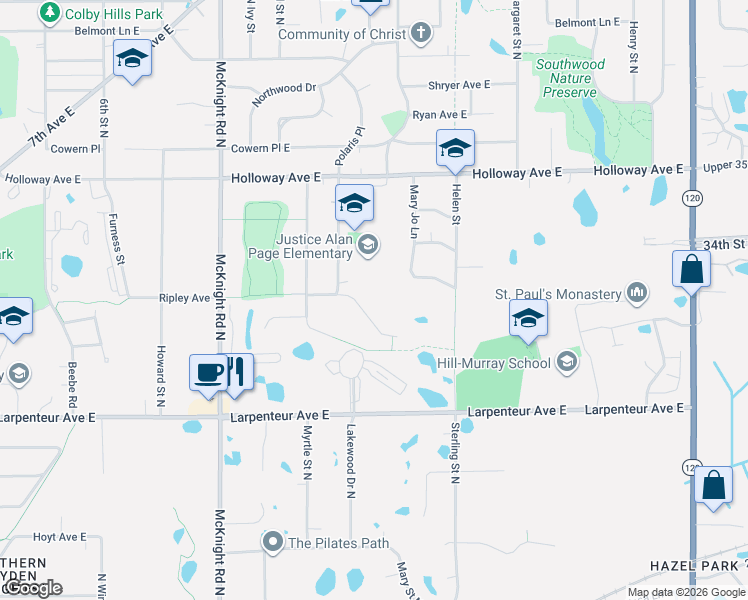 map of restaurants, bars, coffee shops, grocery stores, and more near 1778 Lakewood Drive in Maplewood
