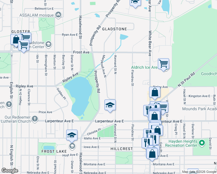 map of restaurants, bars, coffee shops, grocery stores, and more near 1798 Maryknoll Avenue North in Saint Paul