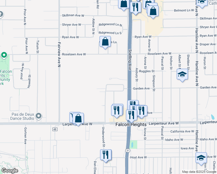 map of restaurants, bars, coffee shops, grocery stores, and more near 1656 Garden Avenue in Falcon Heights