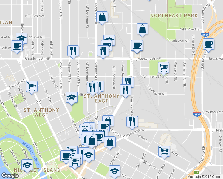 map of restaurants, bars, coffee shops, grocery stores, and more near 612 Northeast Jackson Street in Minneapolis
