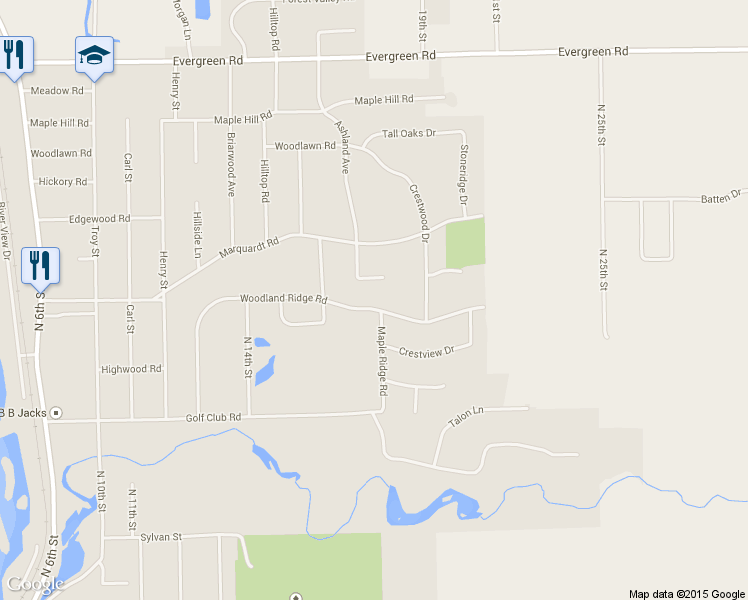 map of restaurants, bars, coffee shops, grocery stores, and more near 1618 Woodland Ridge Road in Wausau