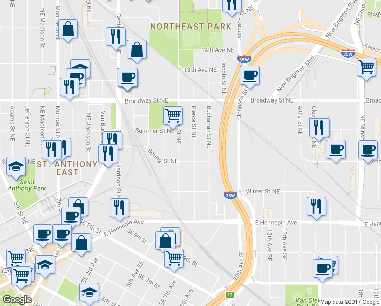 map of restaurants, bars, coffee shops, grocery stores, and more near 614 Pierce Street Northeast in Minneapolis