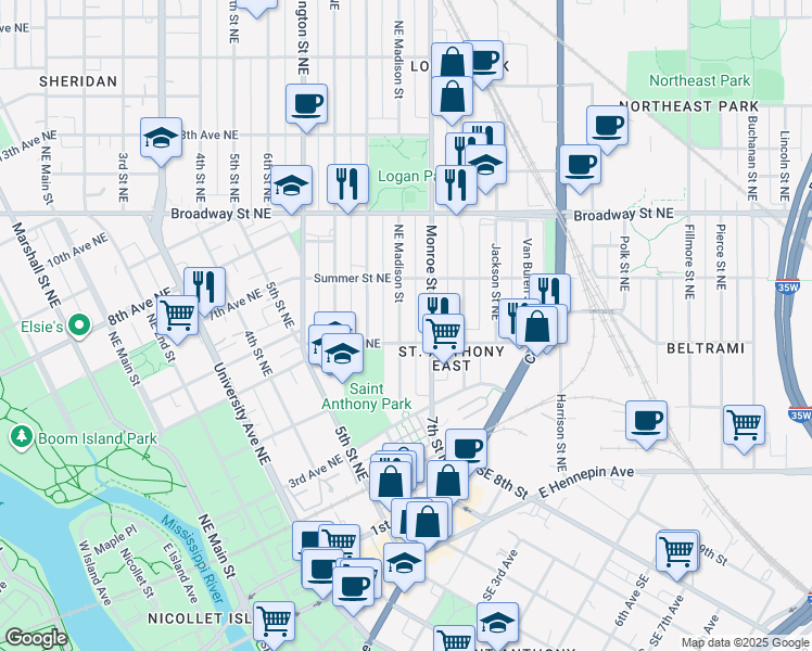map of restaurants, bars, coffee shops, grocery stores, and more near 615 Northeast Madison Street in Minneapolis