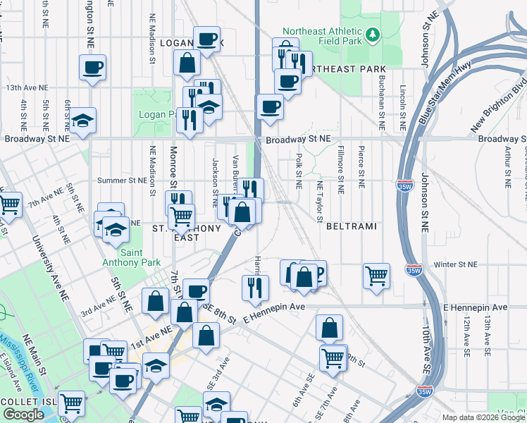 map of restaurants, bars, coffee shops, grocery stores, and more near 984 Central Avenue Northeast in Minneapolis