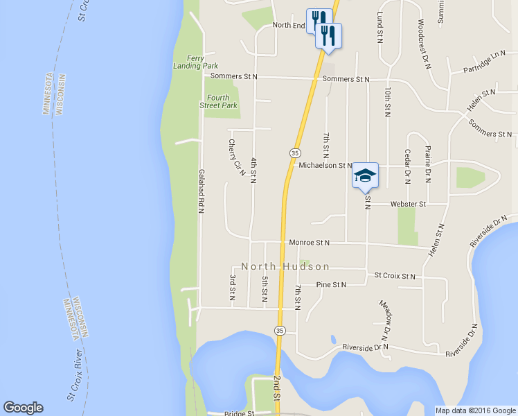 map of restaurants, bars, coffee shops, grocery stores, and more near 520 4th Street North in Hudson
