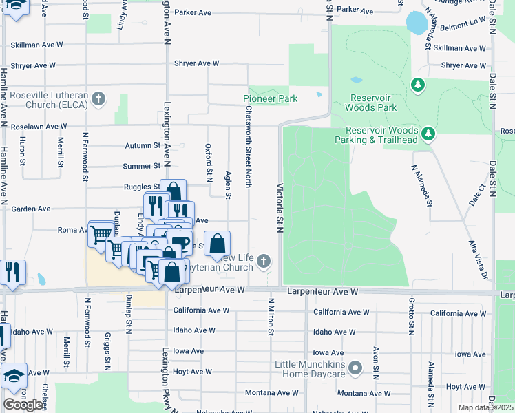 map of restaurants, bars, coffee shops, grocery stores, and more near 1800 North Chatsworth Street in Roseville