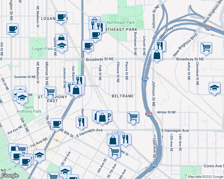 map of restaurants, bars, coffee shops, grocery stores, and more near 611 Northeast Taylor Street in Minneapolis