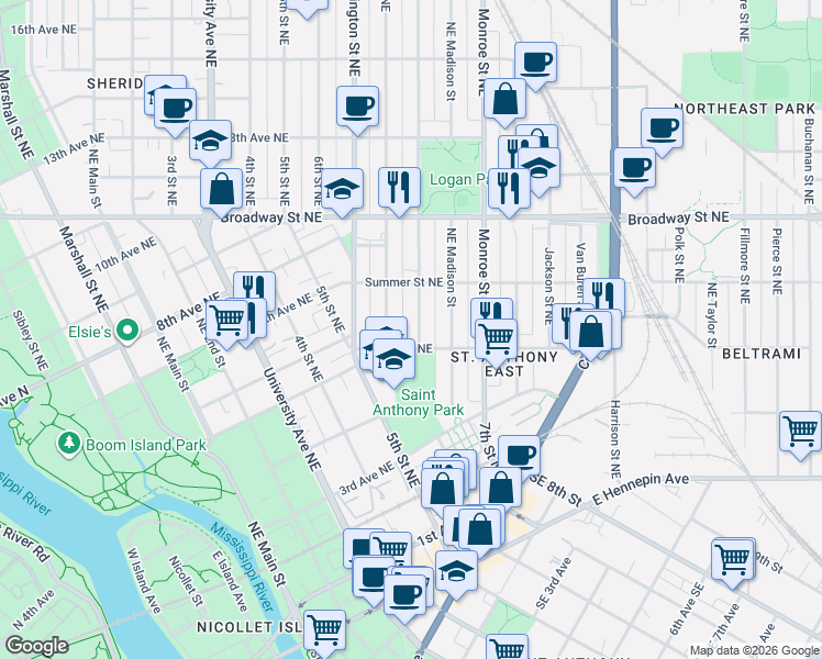 map of restaurants, bars, coffee shops, grocery stores, and more near 612 Jefferson Street Northeast in Minneapolis
