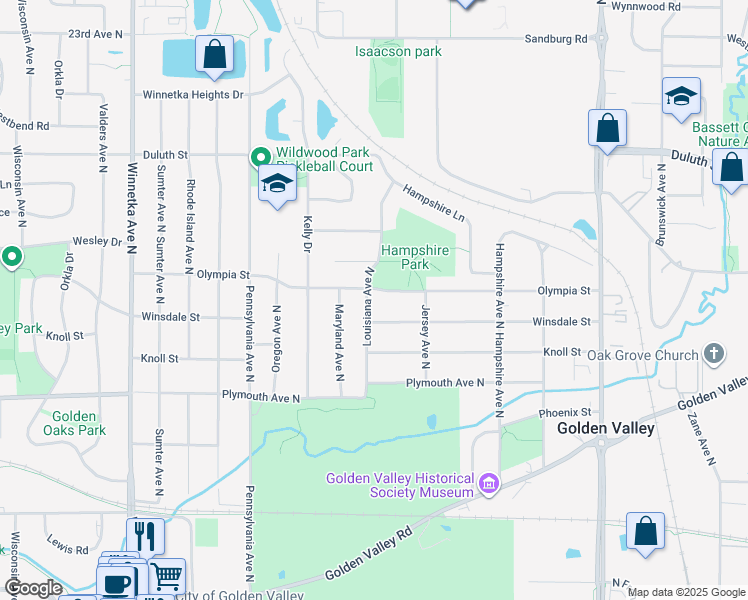 map of restaurants, bars, coffee shops, grocery stores, and more near 1525 Louisiana Avenue North in Minneapolis
