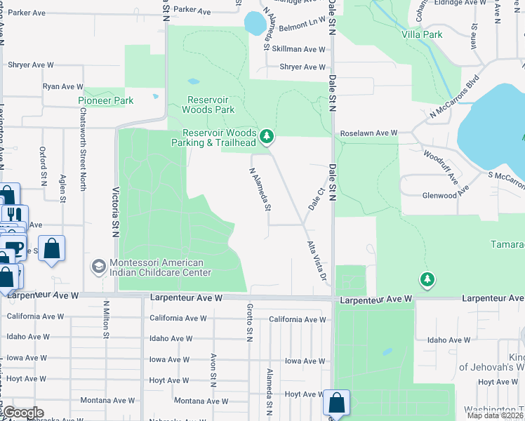 map of restaurants, bars, coffee shops, grocery stores, and more near 1807 North Alameda Street in Roseville