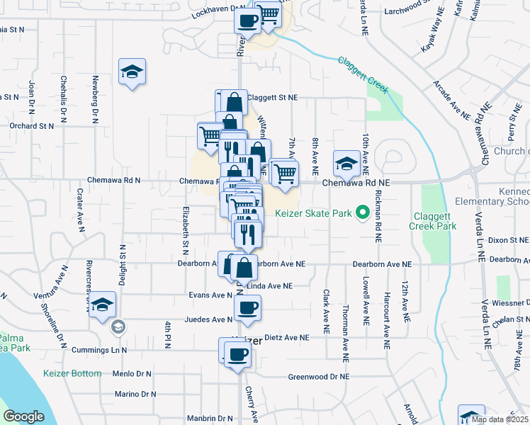 map of restaurants, bars, coffee shops, grocery stores, and more near 640 Arleta Place Northeast in Keizer