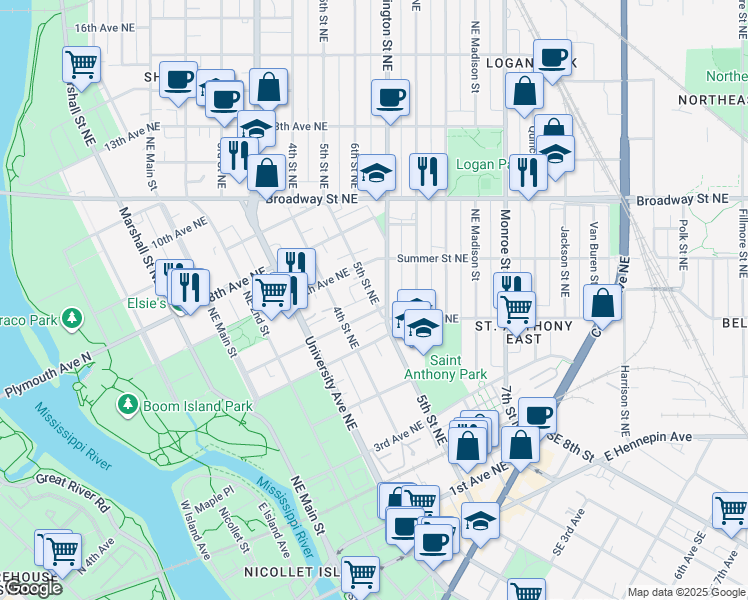 map of restaurants, bars, coffee shops, grocery stores, and more near in Minneapolis