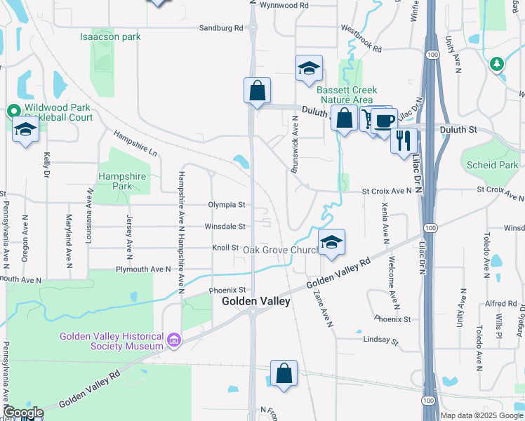 map of restaurants, bars, coffee shops, grocery stores, and more near 1450 Douglas Drive North in Golden Valley