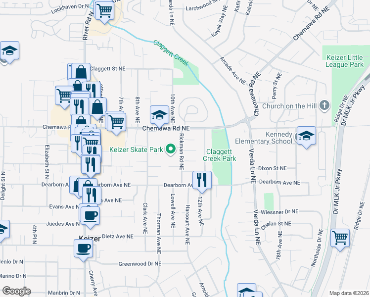 map of restaurants, bars, coffee shops, grocery stores, and more near 4950 Rickman Road Northeast in Keizer