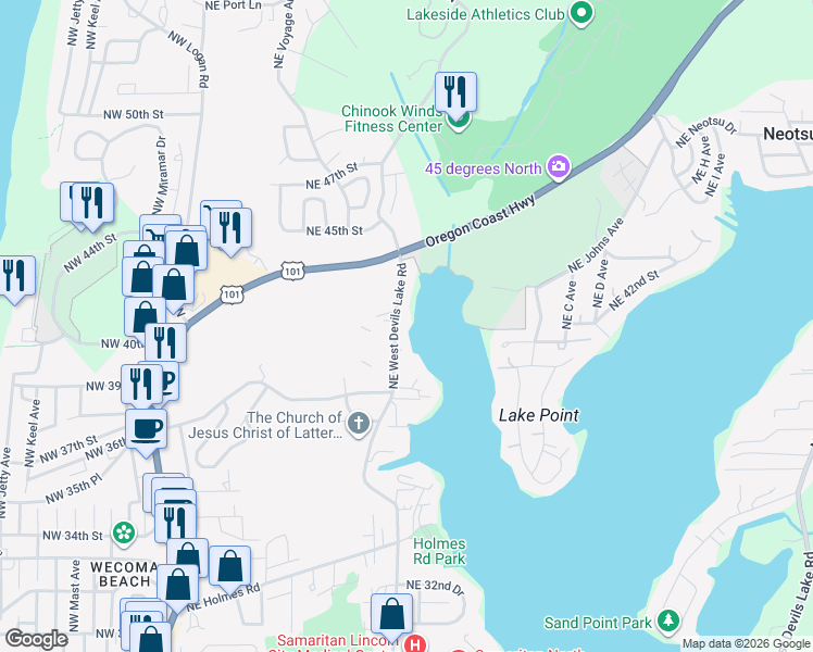 map of restaurants, bars, coffee shops, grocery stores, and more near 4006 Northeast West Devils Lake Road in Lincoln City