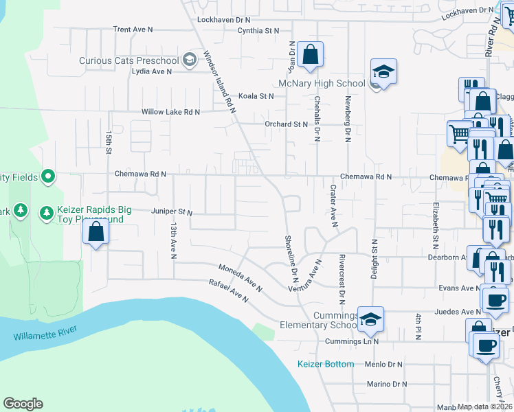 map of restaurants, bars, coffee shops, grocery stores, and more near 989 Juniper Street North in Keizer
