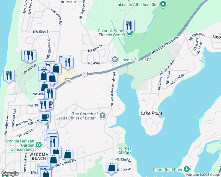 map of restaurants, bars, coffee shops, grocery stores, and more near 3939 Northeast West Devils Lake Road in Lincoln City