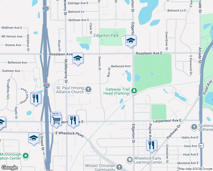 map of restaurants, bars, coffee shops, grocery stores, and more near 1784 Desoto Street in Saint Paul