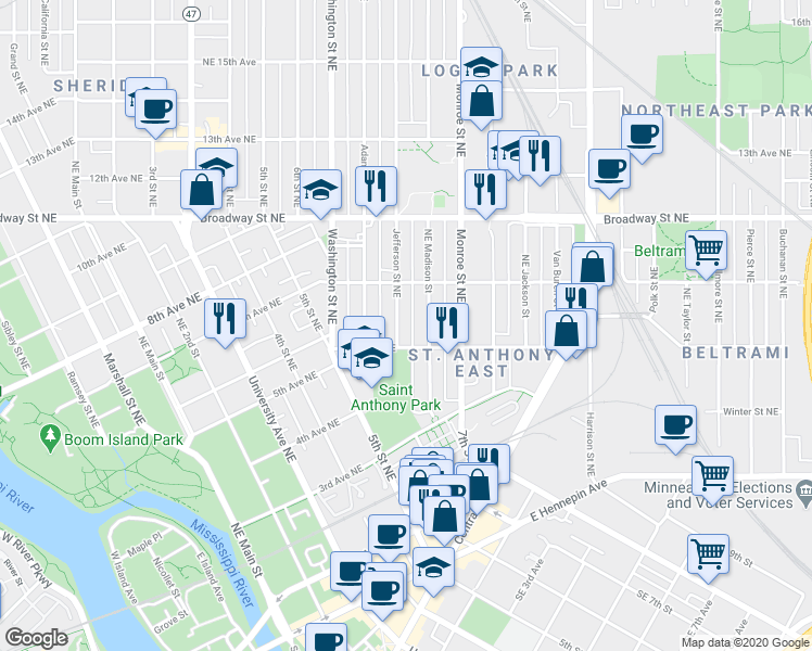 map of restaurants, bars, coffee shops, grocery stores, and more near 612 Jefferson Street Northeast in Minneapolis