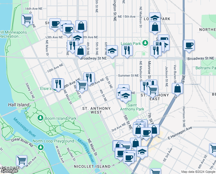 map of restaurants, bars, coffee shops, grocery stores, and more near in Minneapolis