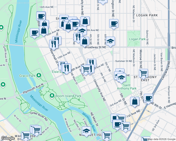 map of restaurants, bars, coffee shops, grocery stores, and more near 221 7th Avenue Northeast in Minneapolis