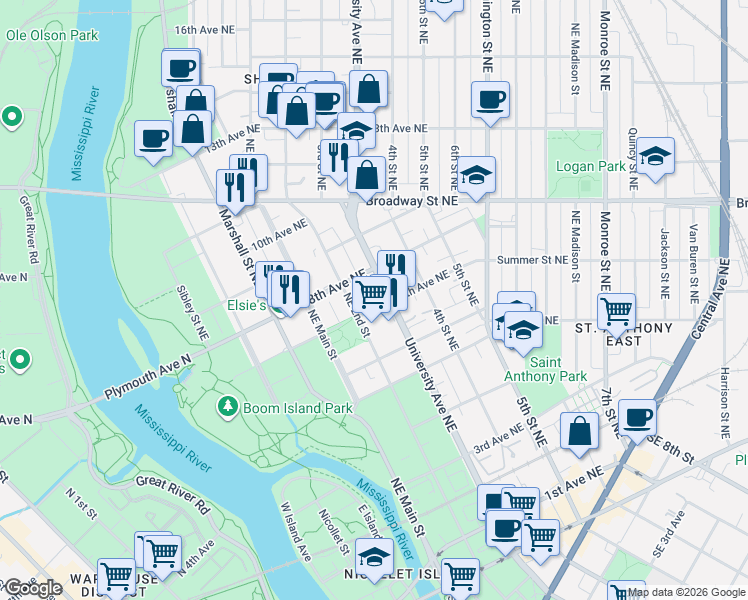 map of restaurants, bars, coffee shops, grocery stores, and more near 221 7th Avenue Northeast in Minneapolis