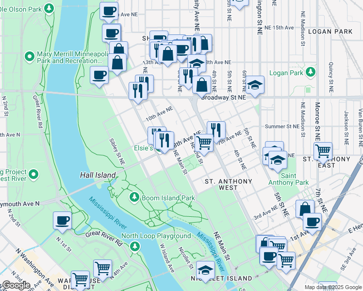 map of restaurants, bars, coffee shops, grocery stores, and more near 710 Northeast 2nd Street in Minneapolis