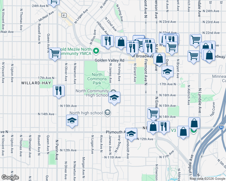 map of restaurants, bars, coffee shops, grocery stores, and more near 1600 North 16th Avenue in Minneapolis