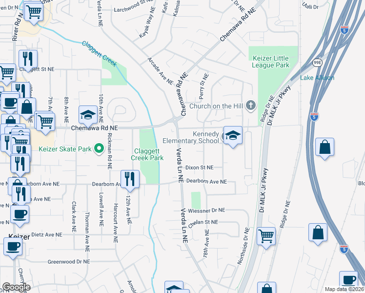 map of restaurants, bars, coffee shops, grocery stores, and more near 4892 Verda Lane Northeast in Keizer