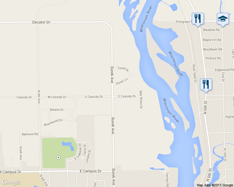 map of restaurants, bars, coffee shops, grocery stores, and more near 602 East Cassidy Drive in Wausau