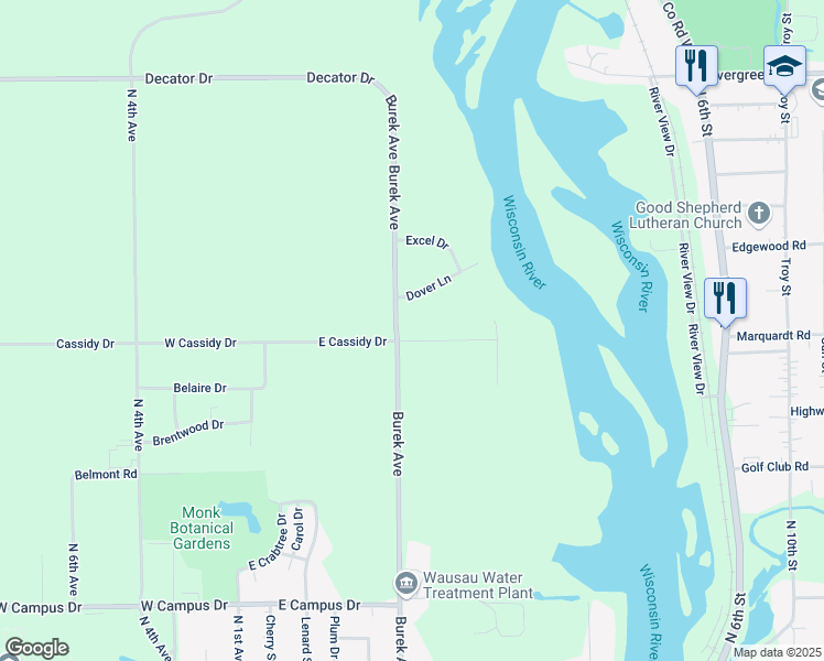 map of restaurants, bars, coffee shops, grocery stores, and more near 602 East Cassidy Drive in Wausau