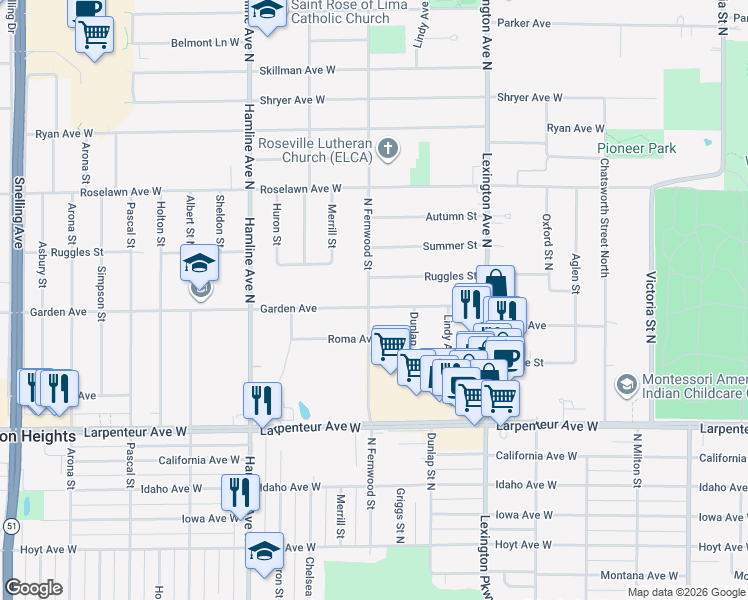 map of restaurants, bars, coffee shops, grocery stores, and more near 1215 Garden Avenue in Roseville