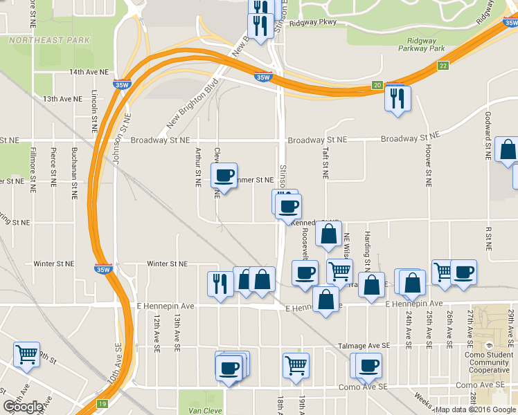 map of restaurants, bars, coffee shops, grocery stores, and more near 607 McKinley Place Northeast in Minneapolis