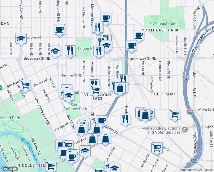map of restaurants, bars, coffee shops, grocery stores, and more near 612 Northeast Jackson Street in Minneapolis