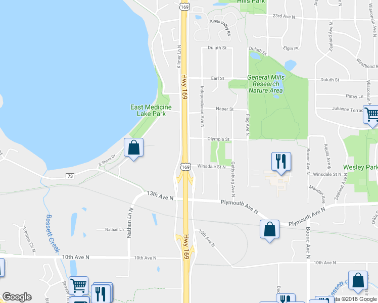 map of restaurants, bars, coffee shops, grocery stores, and more near 1501 Mendelssohn Avenue North in Golden Valley
