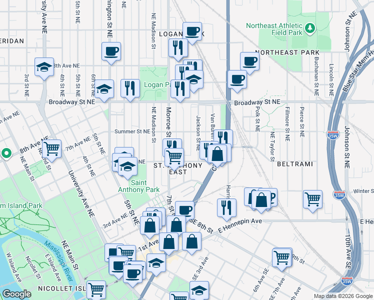 map of restaurants, bars, coffee shops, grocery stores, and more near 623 Quincy Street Northeast in Minneapolis