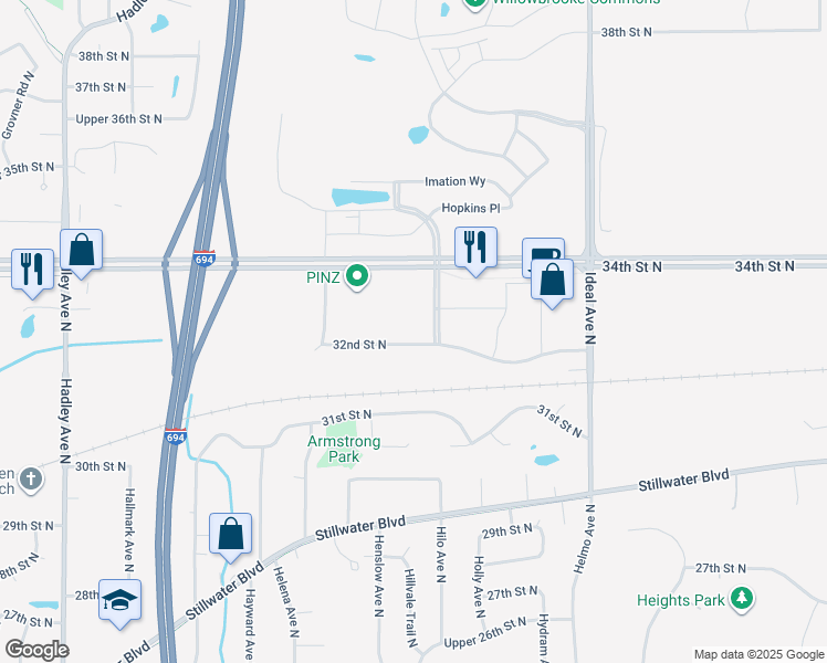 map of restaurants, bars, coffee shops, grocery stores, and more near 7520 32nd Street North in Oakdale