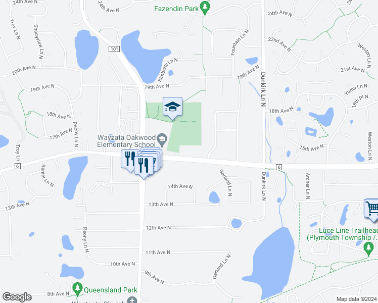 map of restaurants, bars, coffee shops, grocery stores, and more near 17210 County Road 6 in Plymouth