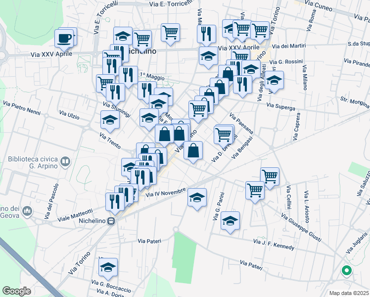 map of restaurants, bars, coffee shops, grocery stores, and more near 6 Via Nazario Sauro in Nichelino