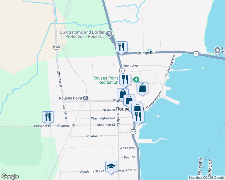 map of restaurants, bars, coffee shops, grocery stores, and more near 20 Manor Drive in Rouses Point