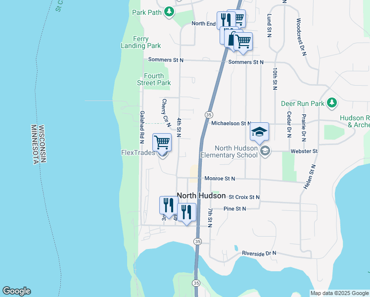 map of restaurants, bars, coffee shops, grocery stores, and more near 520 4th Street North in Hudson