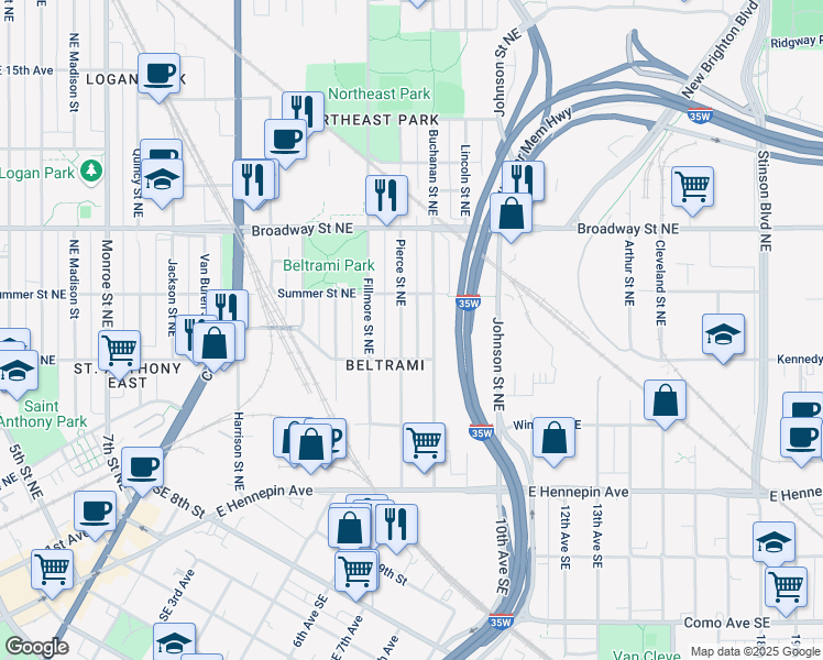 map of restaurants, bars, coffee shops, grocery stores, and more near 610 Buchanan Street Northeast in Minneapolis