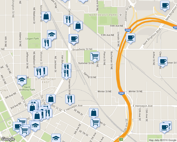 map of restaurants, bars, coffee shops, grocery stores, and more near 614 Spring Street Northeast in Minneapolis
